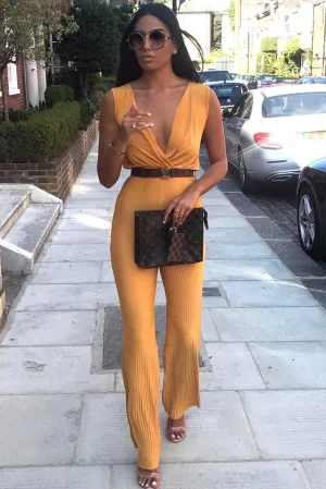 Mustard Slinky Plunge Wide Leg Jumpsuit - Fergie
