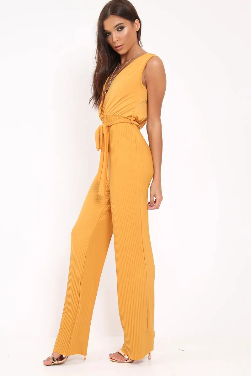 Mustard Slinky Plunge Wide Leg Jumpsuit - Fergie