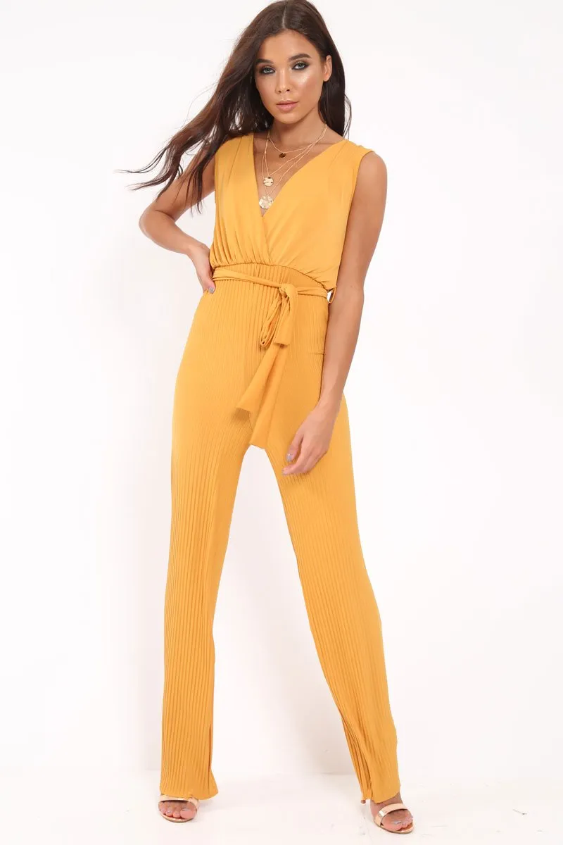 Mustard Slinky Plunge Wide Leg Jumpsuit - Fergie