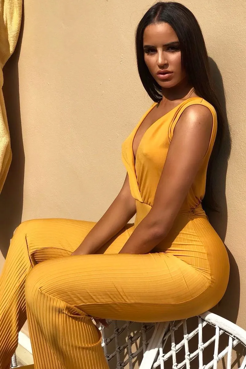 Mustard Slinky Plunge Wide Leg Jumpsuit - Fergie