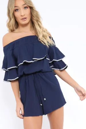 Navy Bardot Frill Drawstring Tie Playsuit - Micah