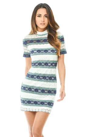 Navy Crochet Mini Dress with Striped Detail