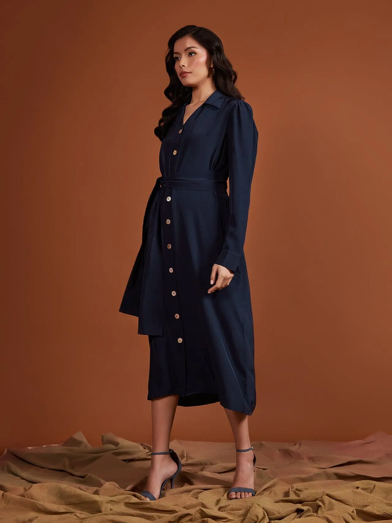 Navy Pearl Satin Shirt Dress