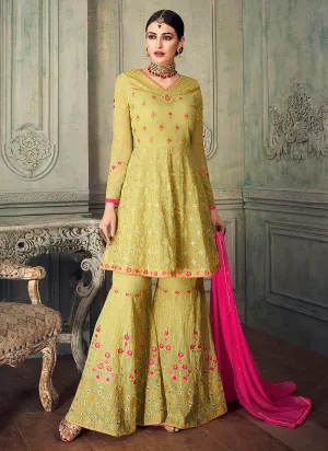Neon Green And Pink Ethnic Embroidered Anarkali Gharara Suit
