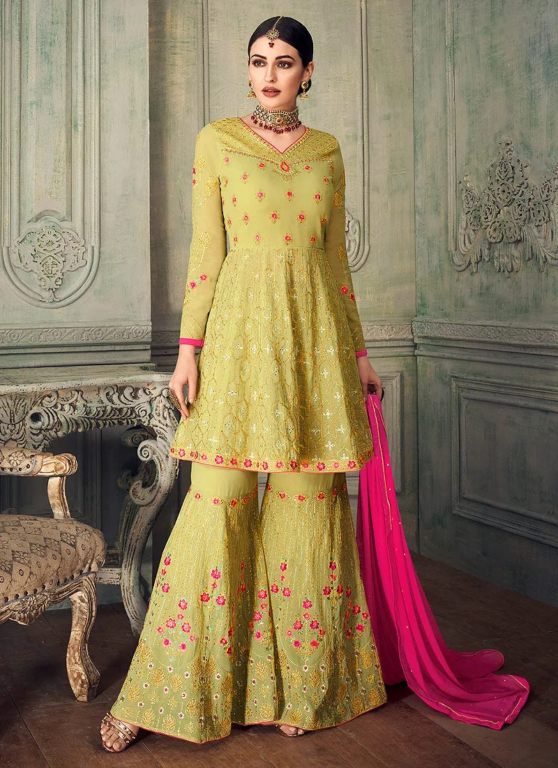 Neon Green And Pink Ethnic Embroidered Anarkali Gharara Suit