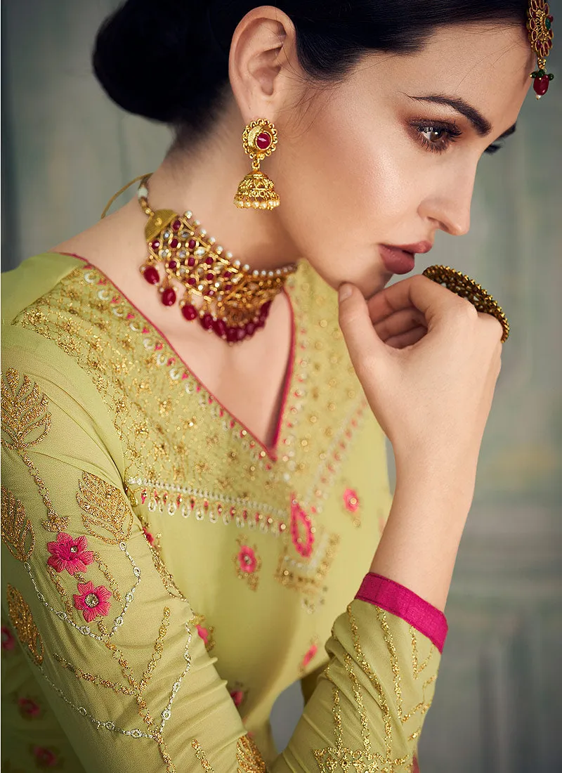 Neon Green And Pink Ethnic Embroidered Anarkali Gharara Suit