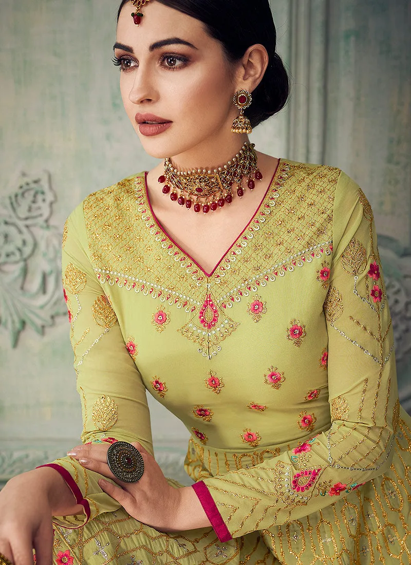 Neon Green And Pink Ethnic Embroidered Anarkali Gharara Suit