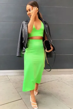 Neon Green Satin Lace Up Plunge Triangle Bralet - Tabby