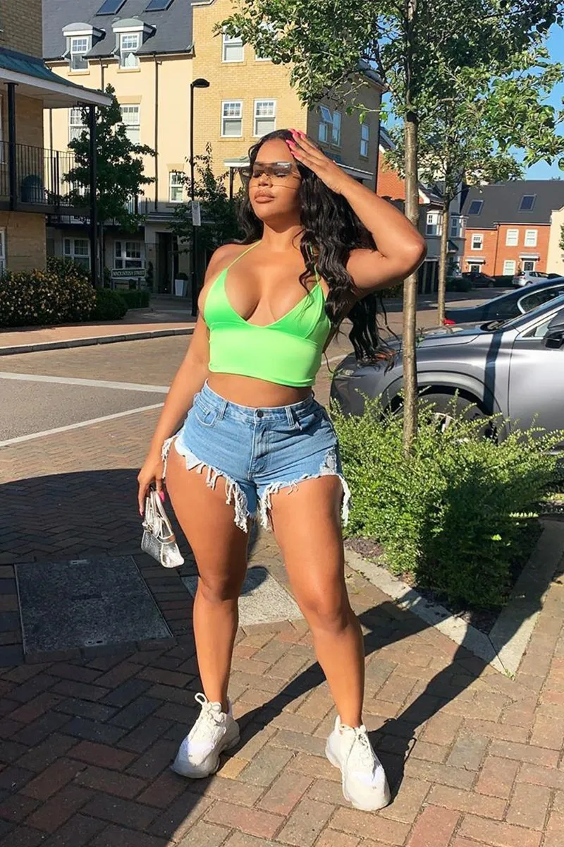 Neon Green Satin Lace Up Plunge Triangle Bralet - Tabby