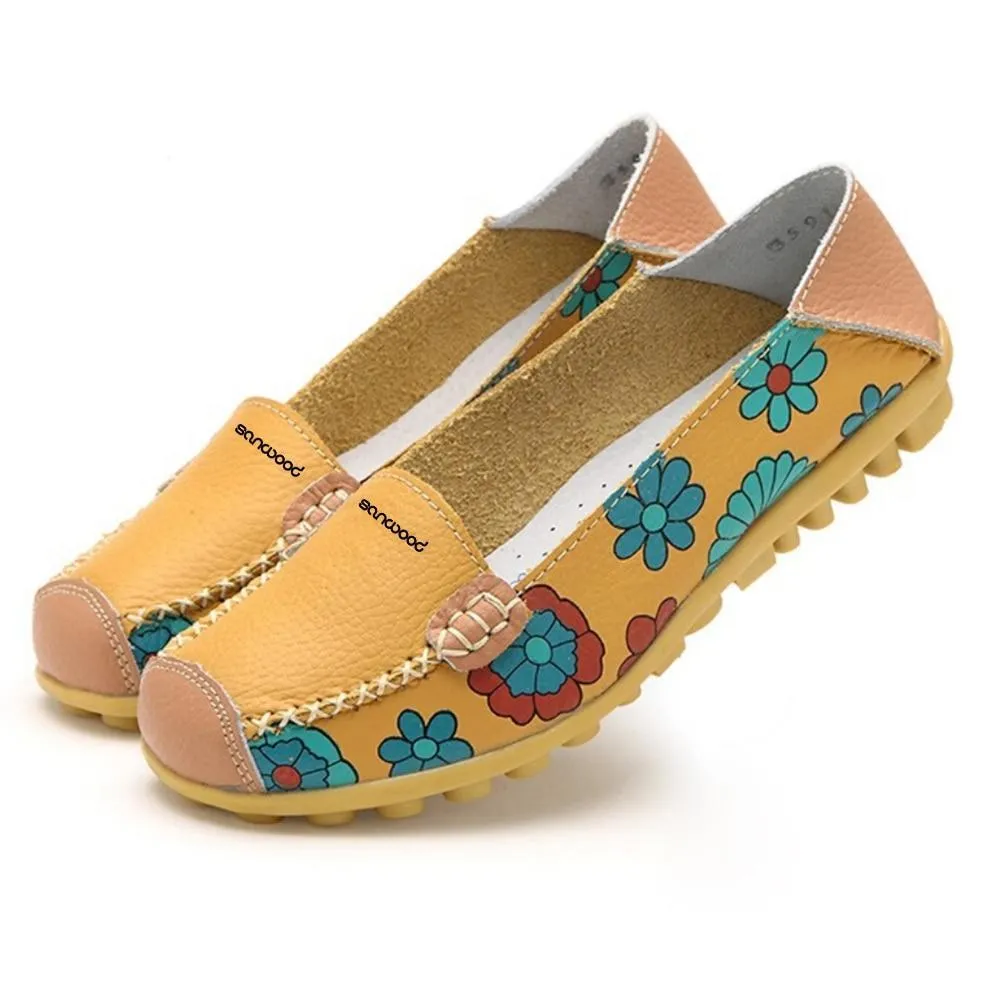 New Hot Fashion Women Faux Leather Flat Heel Casual Flower Pattern Loafer