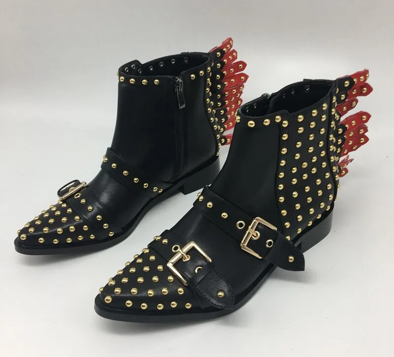 New Ladies Punk Metal Rivets Studs Back Strappy Boots Pointed toe Ankle Boots Belt Buckle Women Motercycle Bottines Shoes Woman