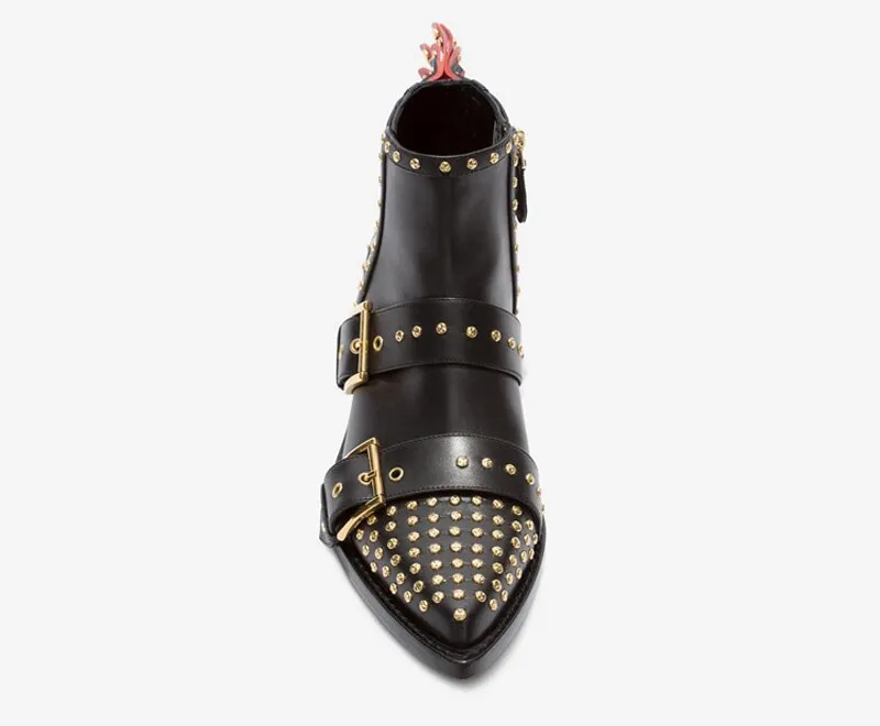 New Ladies Punk Metal Rivets Studs Back Strappy Boots Pointed toe Ankle Boots Belt Buckle Women Motercycle Bottines Shoes Woman