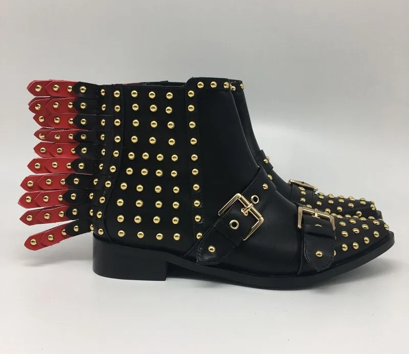 New Ladies Punk Metal Rivets Studs Back Strappy Boots Pointed toe Ankle Boots Belt Buckle Women Motercycle Bottines Shoes Woman