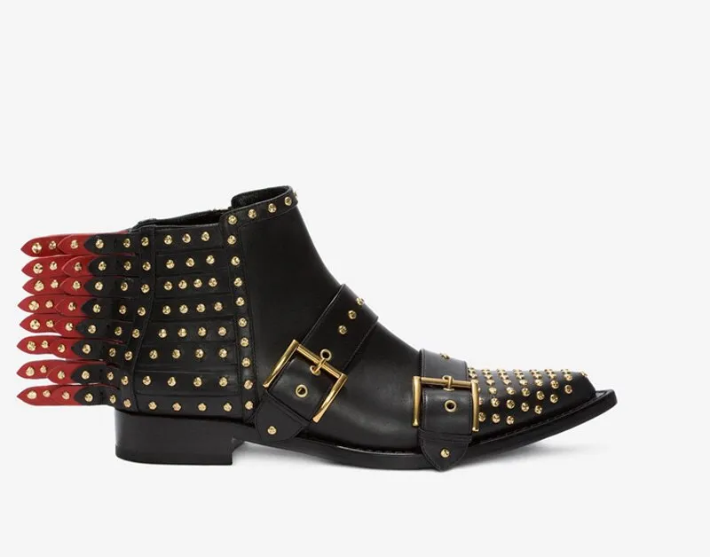 New Ladies Punk Metal Rivets Studs Back Strappy Boots Pointed toe Ankle Boots Belt Buckle Women Motercycle Bottines Shoes Woman
