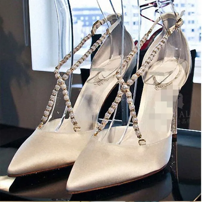 New rhinestone pearls cross strap woman wedding shoes pointed toe high heel satin woman pearls dress shoes wedding shoes white