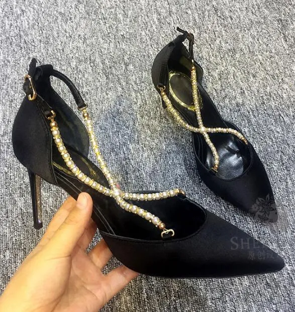New rhinestone pearls cross strap woman wedding shoes pointed toe high heel satin woman pearls dress shoes wedding shoes white
