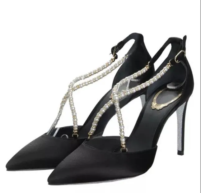 New rhinestone pearls cross strap woman wedding shoes pointed toe high heel satin woman pearls dress shoes wedding shoes white