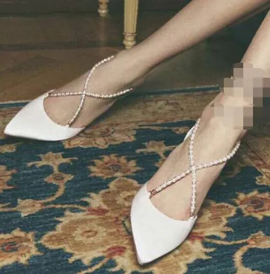 New rhinestone pearls cross strap woman wedding shoes pointed toe high heel satin woman pearls dress shoes wedding shoes white