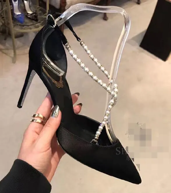 New rhinestone pearls cross strap woman wedding shoes pointed toe high heel satin woman pearls dress shoes wedding shoes white