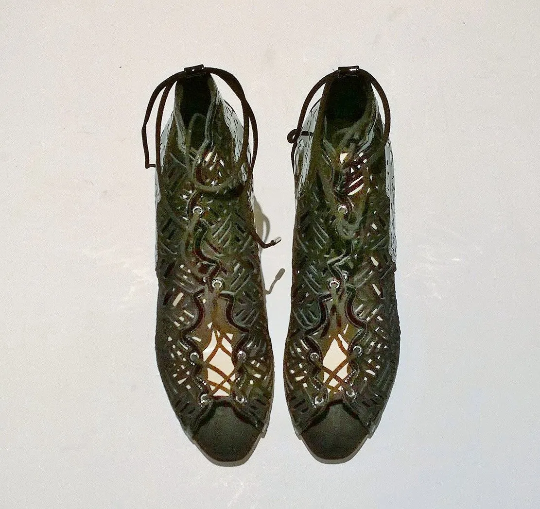 Nicholas Kirkwood Lace Up Suede Patent and Metallic Leather Heels New Discount Shoes