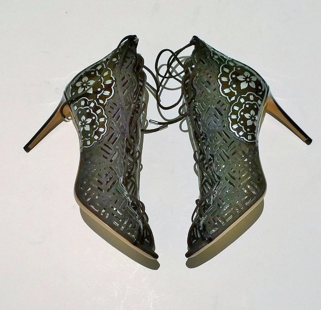 Nicholas Kirkwood Lace Up Suede Patent and Metallic Leather Heels New Discount Shoes