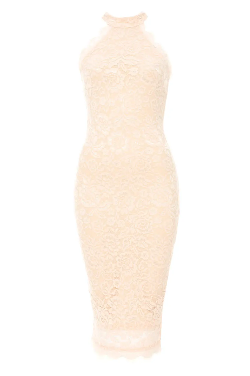 Nude High Neck Lace Midi Dress