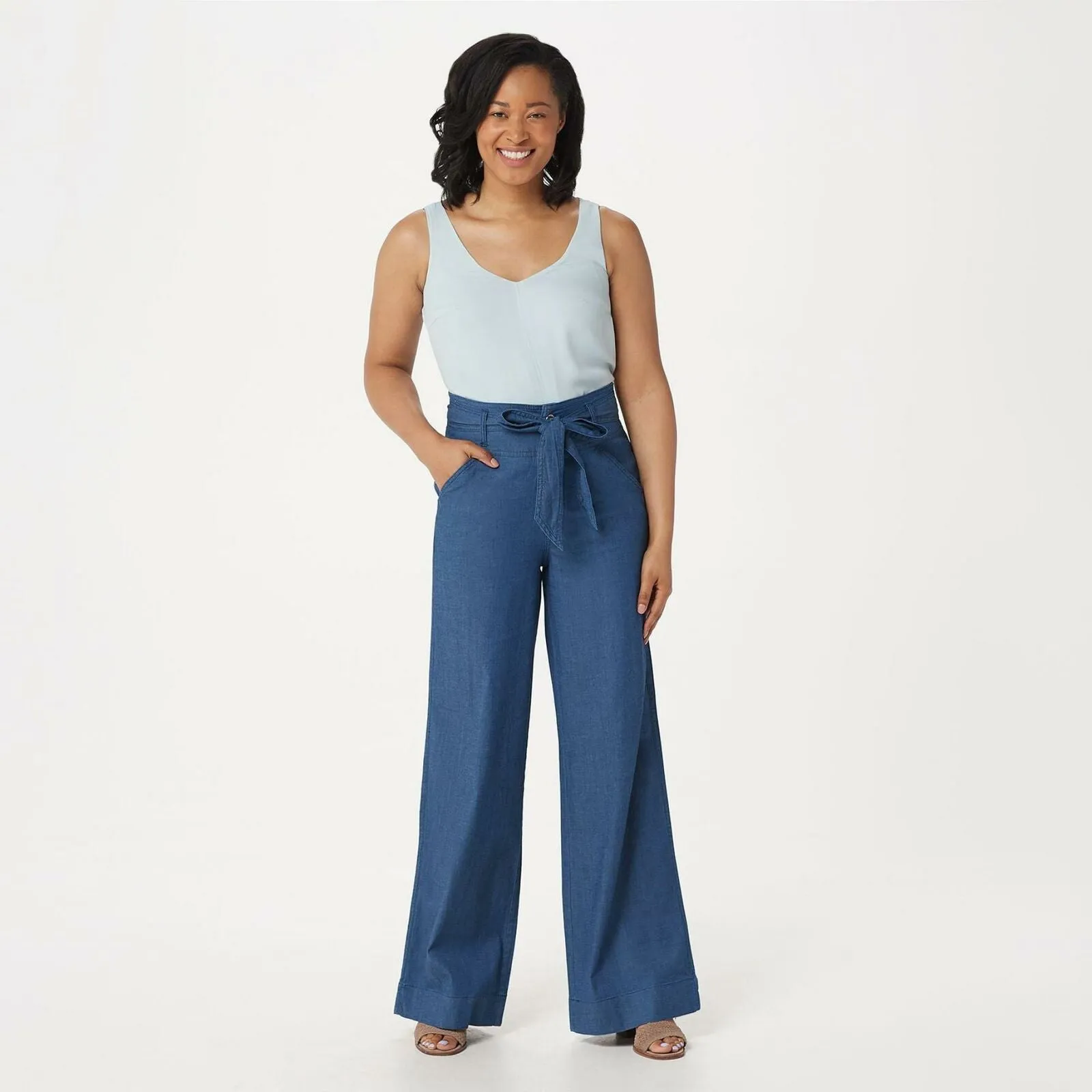 NWT G.I.L.I. Women's Wide Leg Chambray Denim Pants With Tie Waist. A354266 6