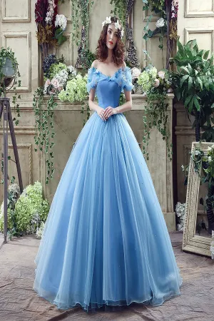 Off Shoulder Tulle Princess Beaded Charming Applique Lace Up Long Prom Dress LPD015