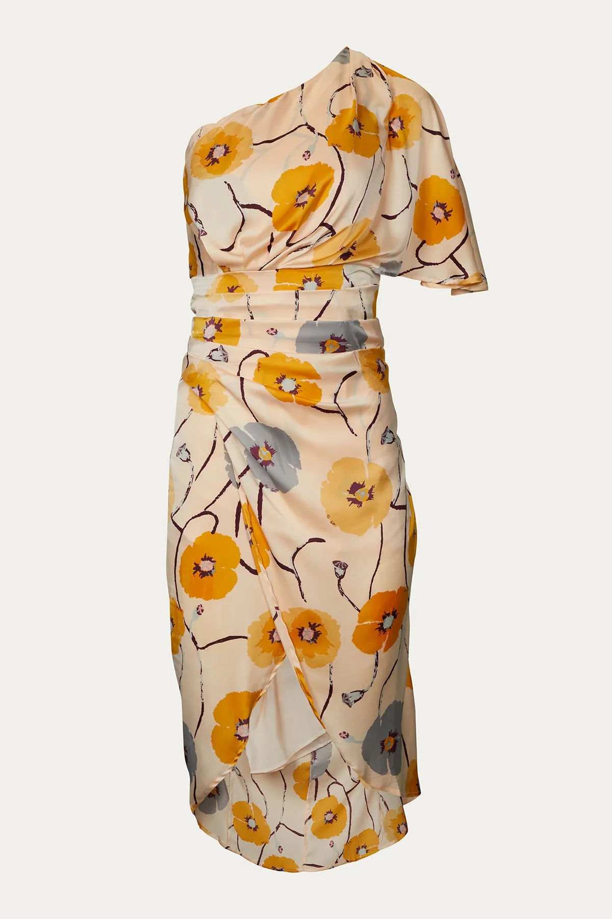 ONE-SHOULDER RUCHED FLORAL-PRINT MIDI DRESS