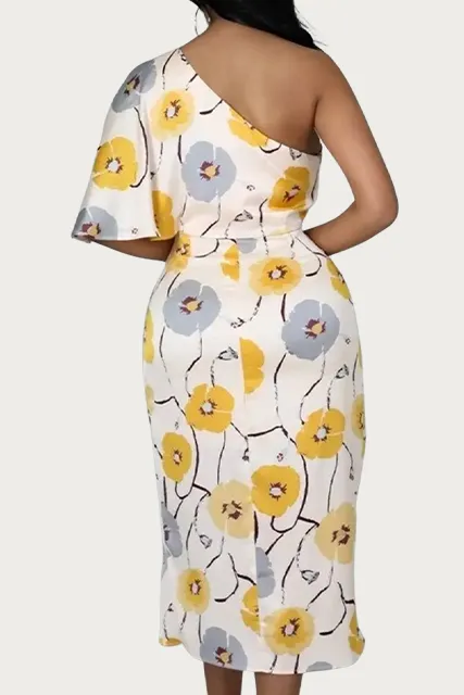 ONE-SHOULDER RUCHED FLORAL-PRINT MIDI DRESS