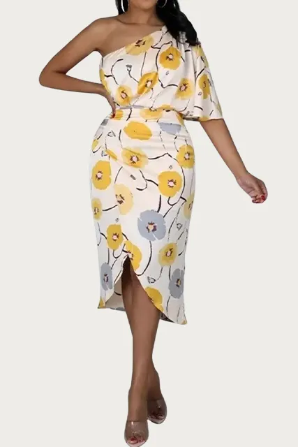 ONE-SHOULDER RUCHED FLORAL-PRINT MIDI DRESS
