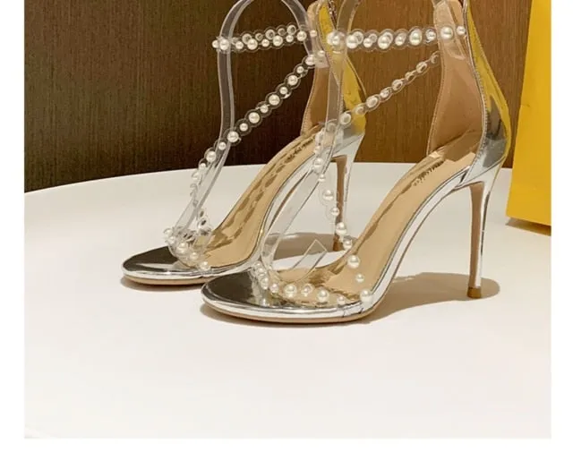 One Word Belt Sandals Women Pearl Heel