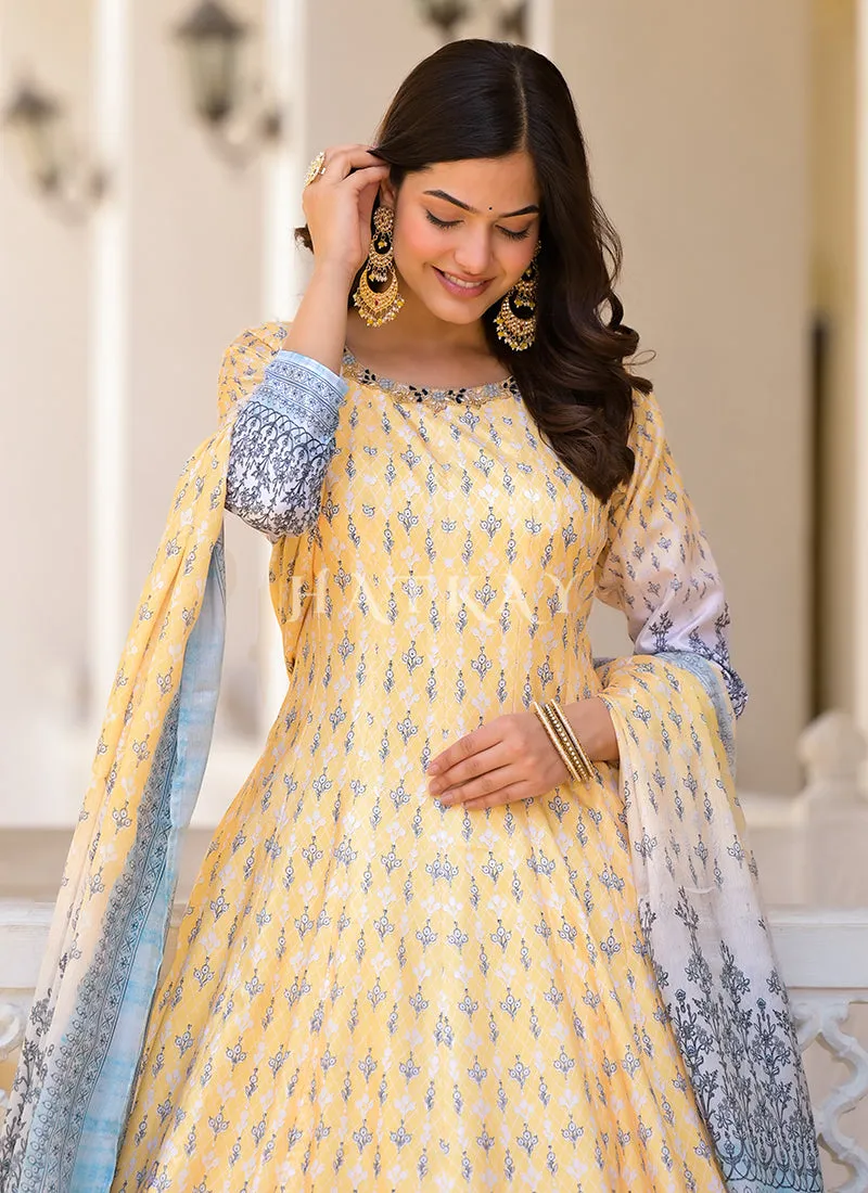 Pastel Yellow Multi-colored Digital Printed Gown