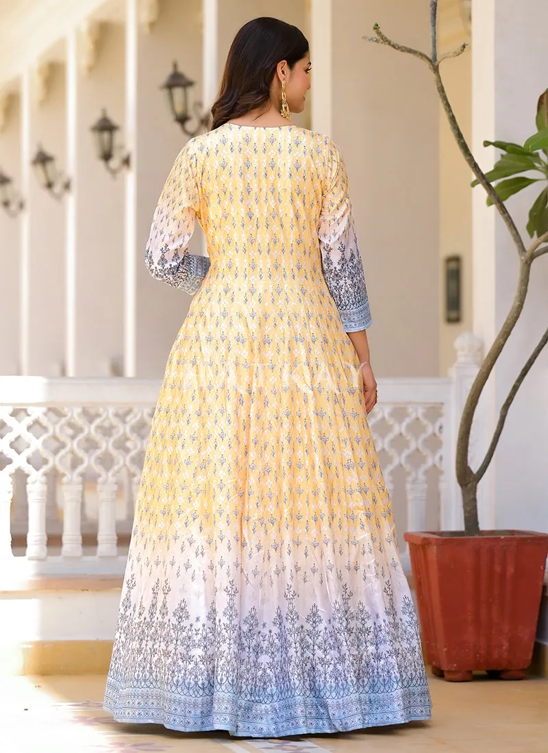 Pastel Yellow Multi-colored Digital Printed Gown
