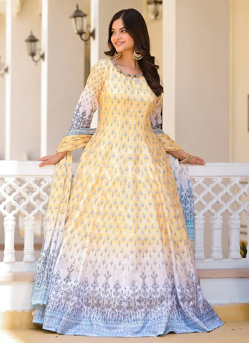 Pastel Yellow Multi-colored Digital Printed Gown
