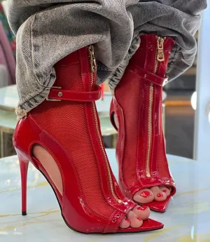 Patent leather fish mouth mesh stiletto heels
