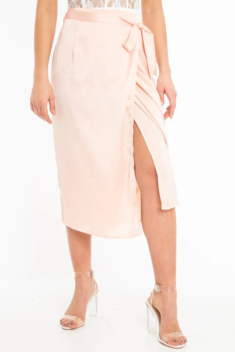 Peach Wrap Tie Side Satin Midi Skirt - Mailah