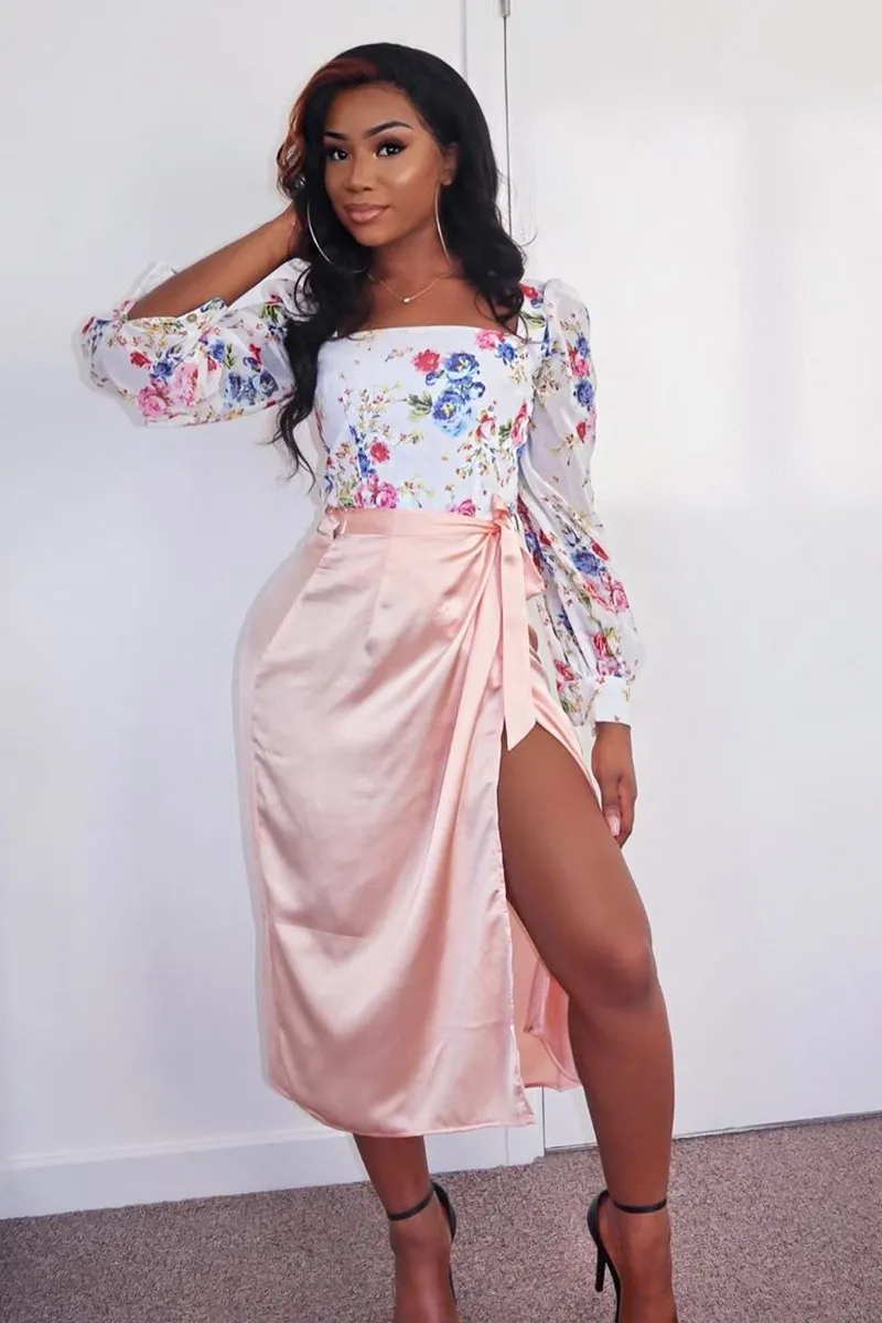 Peach Wrap Tie Side Satin Midi Skirt - Mailah