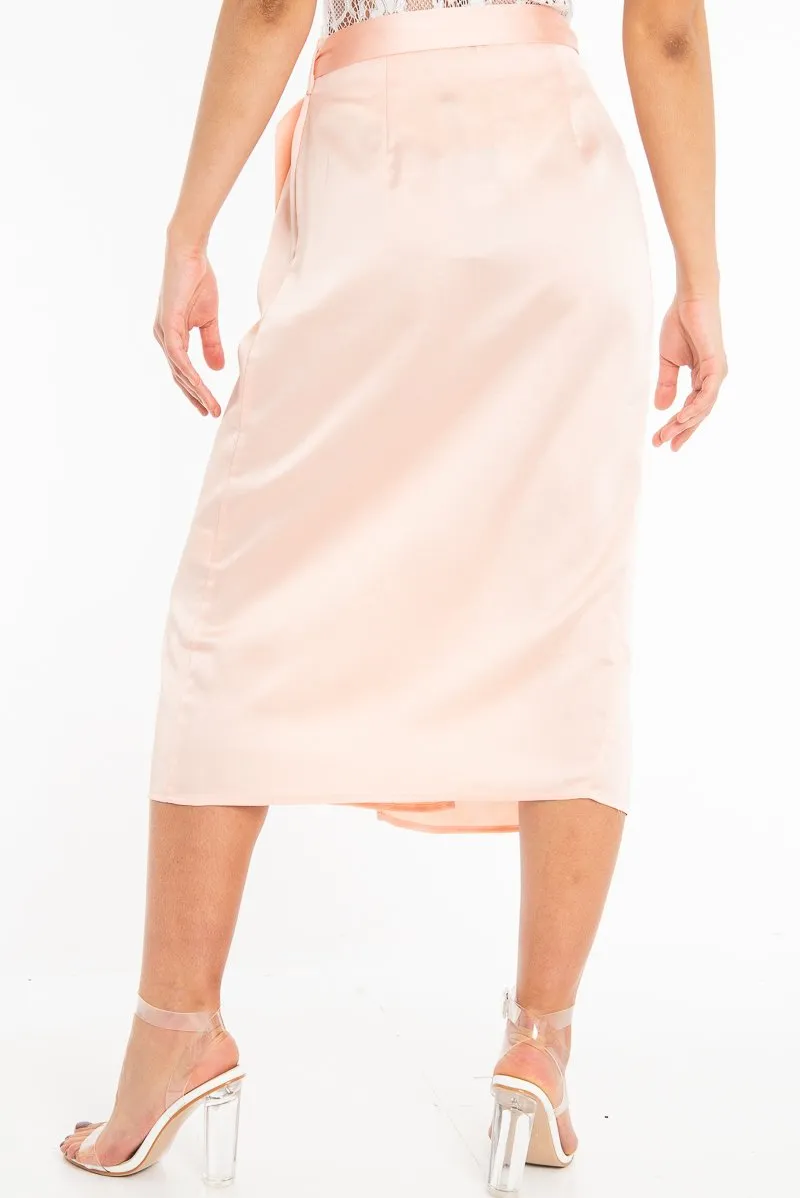 Peach Wrap Tie Side Satin Midi Skirt - Mailah