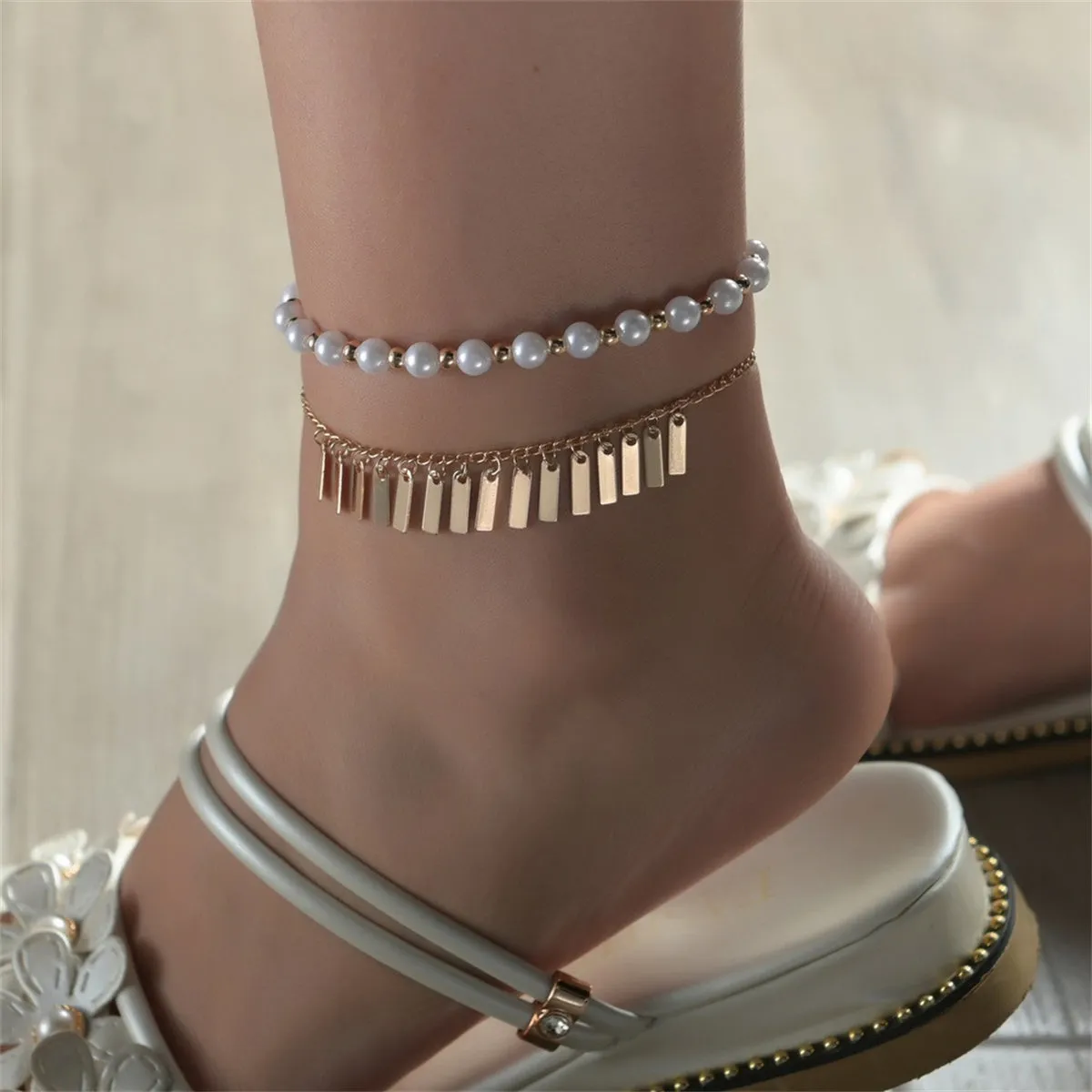 Pearl & 18K Gold-Plated Tassel Stretch Anklet Set