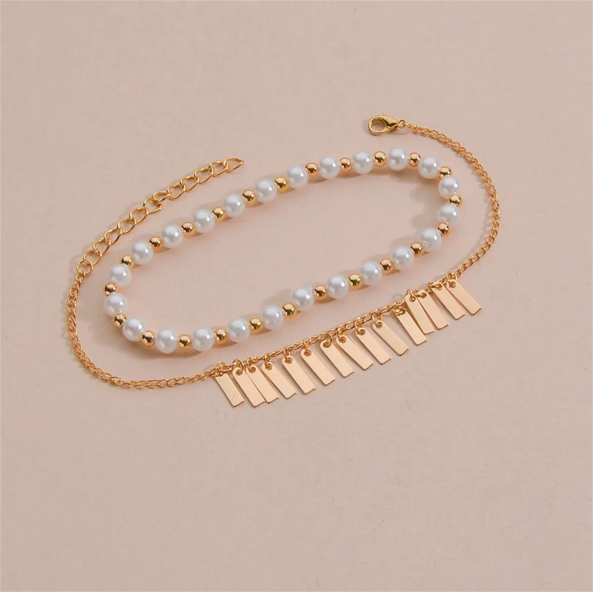 Pearl & 18K Gold-Plated Tassel Stretch Anklet Set