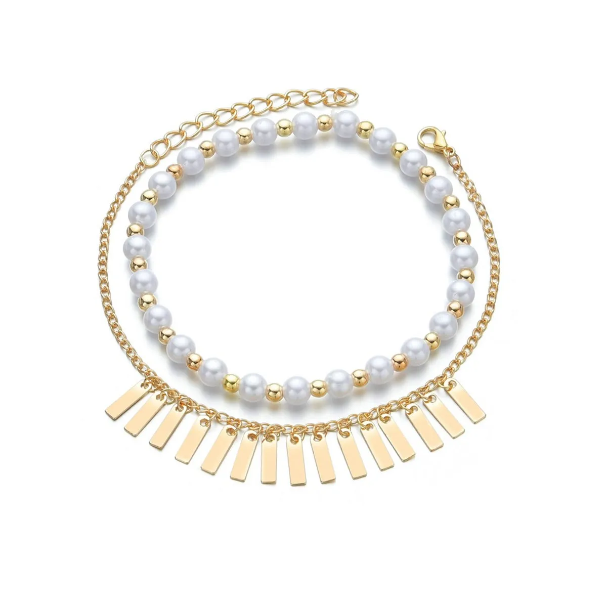 Pearl & 18K Gold-Plated Tassel Stretch Anklet Set