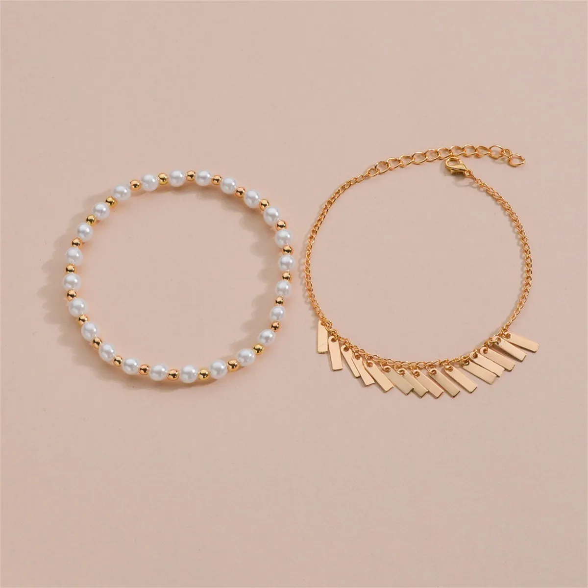 Pearl & 18K Gold-Plated Tassel Stretch Anklet Set