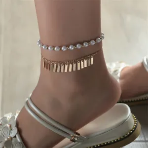Pearl & 18K Gold-Plated Tassel Stretch Anklet Set