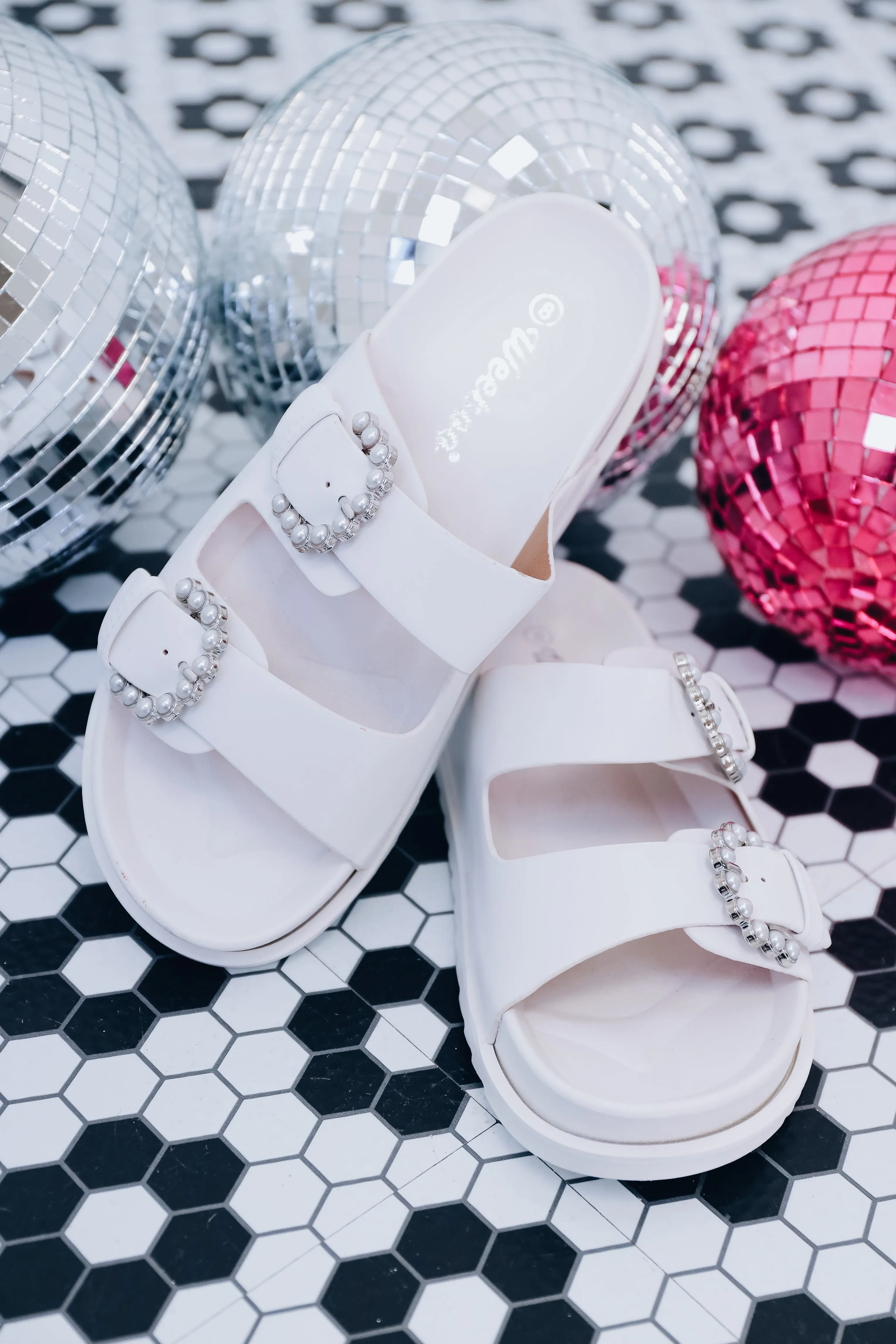 Pearl Buckle Two Band Sandal - White