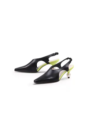 Pearl Heel Cut-Out Leather Black Slingback