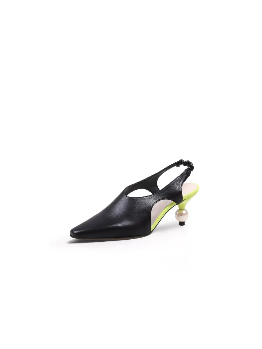 Pearl Heel Cut-Out Leather Black Slingback