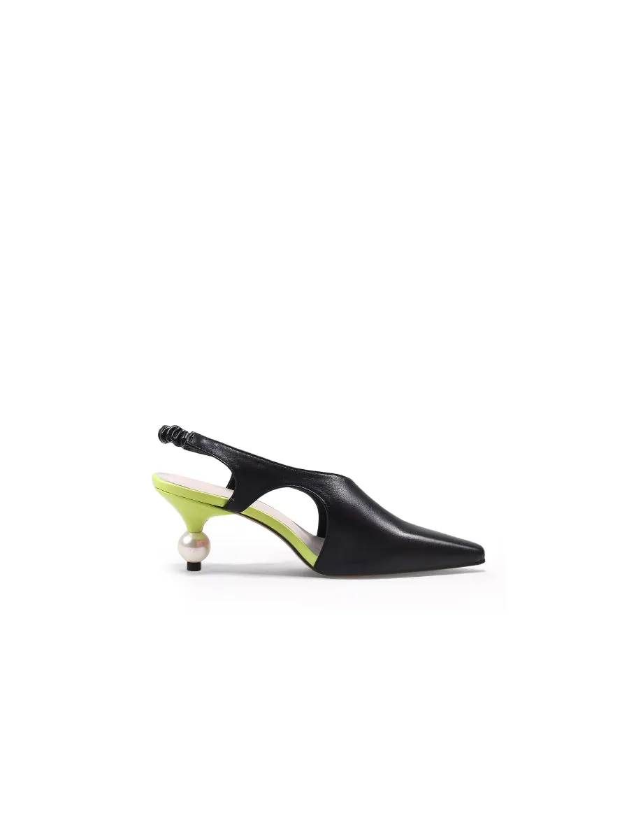 Pearl Heel Cut-Out Leather Black Slingback