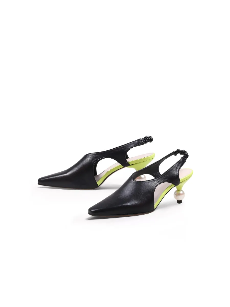 Pearl Heel Cut-Out Leather Black Slingback