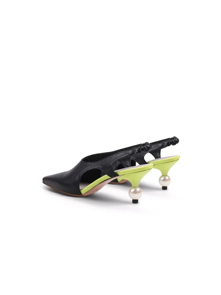Pearl Heel Cut-Out Leather Black Slingback